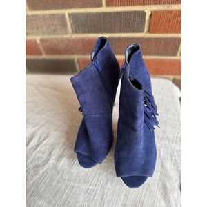 Blue Suede Fringe Peep Toe Stiletto Ankle Booties Women's Size 7